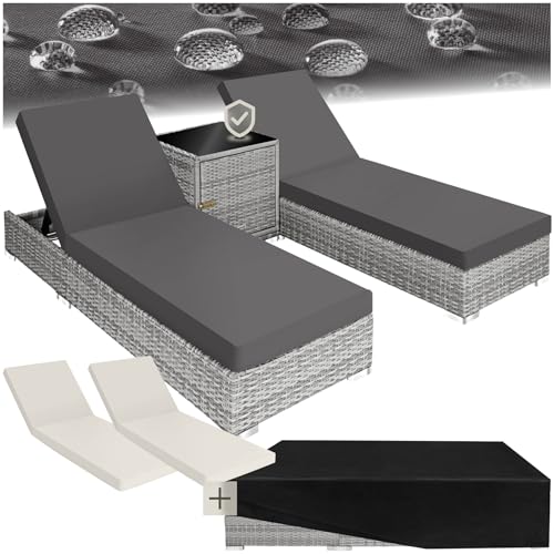 tectake® 2er Lounge Sonnenliegen Set Plus Tisch – inkl. 2 Bezugsets und Schutzhülle, Outdoor Poly Rattan Gartenmöbel Set, 2er Set - hellgrau von tectake