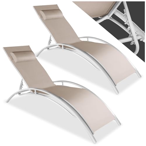 tectake 2er Set Gartenliege, Aluminium Sonnenliege, wetterfest, ideal für Garten, Balkon, Terrasse, praktischer Liegestuhl, inklusive Kopfpolster, 5-Fach verstellbare Rückenlehne -beige von tectake