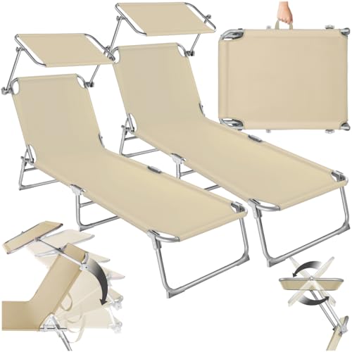 tectake 2er Set Liegestuhl Garten mit Sonnenschutz, Gartenliege klappbar, Balkon oder Terrassen Liege mit Verstellbarer Rückenlehne, Strandliege mit Sonnendach, bis zu 110 kg belastbar - beige von tectake