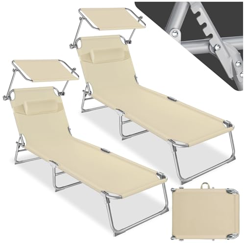tectake 2er Set Sonnenliege - leicht und klappbar, leichte Liege für Camping und Garten, Perfekter Liegestuhl mit Dach, transportable und zusammenklappbar mit Griff von tectake
