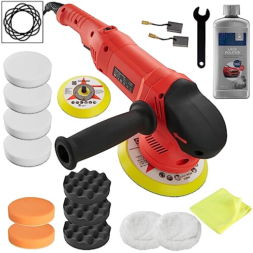 tectake 403390 Exzenter Poliermaschine + Set 16, mit GS-Zertifikat, 6 verstellbare Rotationsstufen und Softstart, Leerlaufdrehzahl 2200 – 6300 U/min, 150-mm Polierteller mit Zubehör von tectake