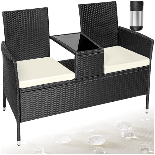 tectake 404557 Poly Rattan Gartenbank mit Tisch, 2-Sitzer Bank, 131 x 61 x 82 cm, Sitzbank für Garten Balkon und Terrasse, Gartensitzbank inkl. Sitzkissen, schwarz-beige von tectake