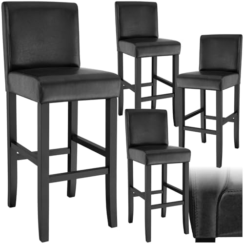 tectake® 4er Set Barhocker, Bistrohocker, Tresenhocker, Barhocker mit Lehne, gepolsterter Barstuhl, Bistrostuhl mit Fußstütze, Holz und Kunstleder, Stuhlbeine aus Massivholz, 107 cm hoch - schwarz von tectake