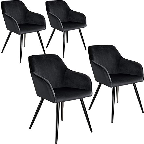 tectake 4er Set moderner Esszimmer Stuhl, Sitzfläche aus Samt, Armlehnstuhl, Sessel Wohnzimmer, gepolsterter Office Chair mit schwarzen Metallbeinen, Schminktisch Stuhl - schwarz von tectake