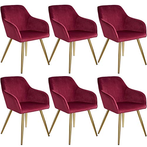 tectake 6er Set moderner Esszimmer Stuhl, Sitzfläche aus Samt, Armlehnstuhl, Sessel Wohnzimmer, gepolsterter Office Chair mit goldeden Metallbeinen, Schminktisch Stuhl - Bordeaux/Gold von tectake