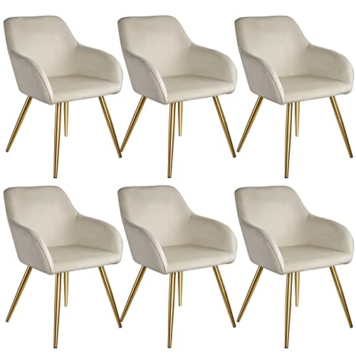 tectake 6er Set moderner Esszimmer Stuhl, Sitzfläche aus Samt, Armlehnstuhl, Sessel Wohnzimmer, gepolsterter Office Chair mit goldeden Metallbeinen, Schminktisch Stuhl - crème/Gold von tectake