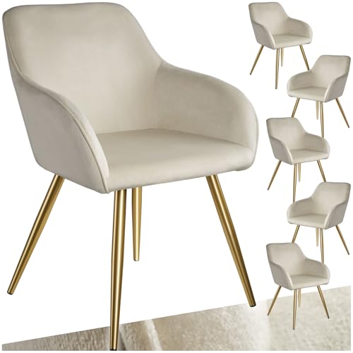 tectake 6er Set moderner Esszimmer Stuhl, Sitzfläche aus Samt, Armlehnstuhl, Sessel Wohnzimmer, gepolsterter Office Chair mit goldeden Metallbeinen, Schminktisch Stuhl - crème/Gold von tectake