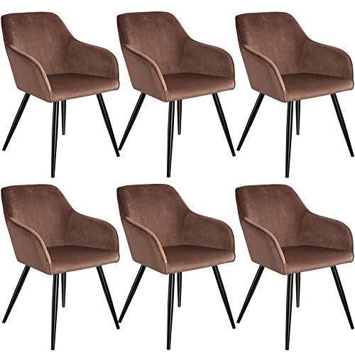 tectake 6er Set moderner Esszimmer Stuhl, Sitzfläche aus Samt, Armlehnstuhl, Sessel Wohnzimmer, gepolsterter Office Chair mit schwarzen Metallbeinen, Schminktisch Stuhl - braun/schwarz von tectake