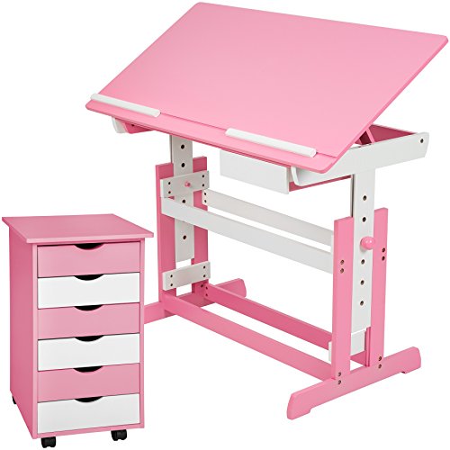 tectake 800062 Schreibtisch mit Rollcontainer, Schreibtisch neig- & höhenverstellbar, Rollcontainer mit 6 Schubladen (Pink | Nr. 401240) von tectake