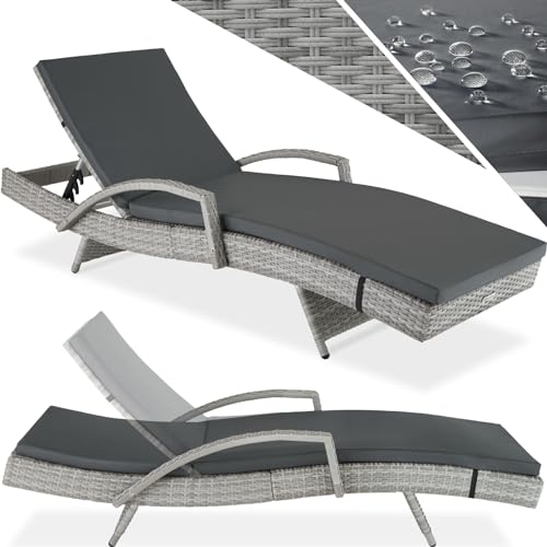 tectake® Polyrattan Sonnenliege, Gartenliege mit 5-Fach Verstellbarer Rückenlehne, wetterfest, Outdoor Relaxliege mit weicher Polsterauflage, Rattanliege für Garten, Balkon und Terrasse - hellgrau von tectake