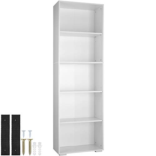 tectake 800842 Bücherregal aus Holz, Standregal mit 5 offenen Fächern, (HxBxT): ca. 190 x 60 x 30 cm, bodenschonende Kunststofffüße (Weiß) von tectake