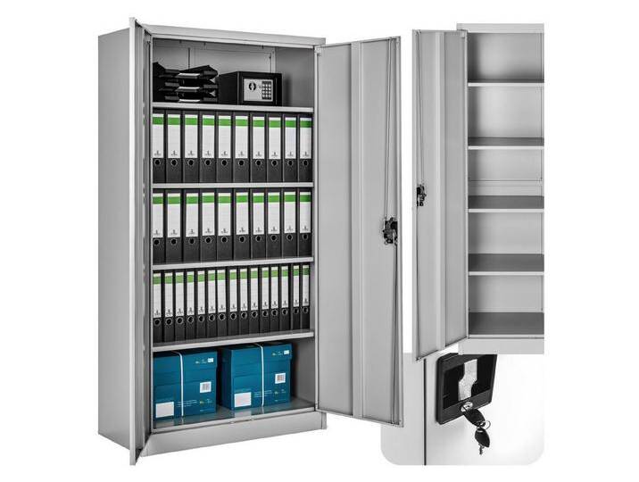tectake Aktenschrank Büroschrank Blain mit 5 Böden 40x80x180cm (Komplettset, 1-St., inkl. 2 Schlüssel) aus pulverbeschichtetem Stahl, grau, grau von tectake