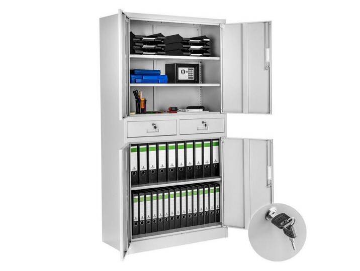 tectake Aktenschrank Büroschrank Cosmo mit 2 Schubfächern 40x80x180cm (Komplettset, 1-St., inkl. 8 Schlüssel) aus pulverbeschichtetem Stahl, grau von tectake