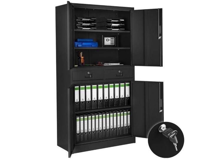 tectake Aktenschrank Büroschrank Cosmo mit 2 Schubfächern 40x80x180cm (Komplettset, 1-St., inkl. 8 Schlüssel) aus pulverbeschichtetem Stahl, schwarz von tectake