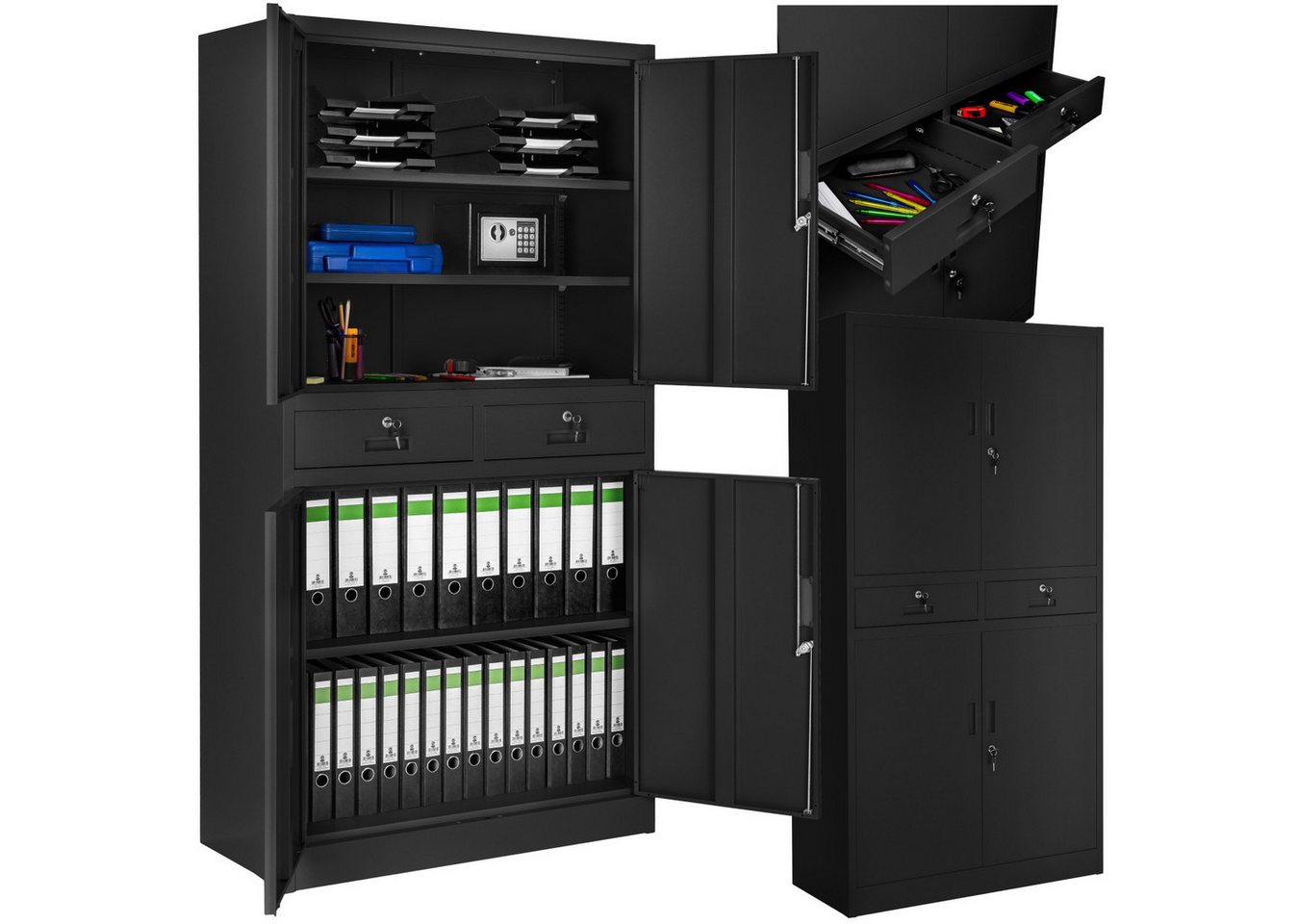 tectake Aktenschrank Büroschrank Cosmo mit 2 Schubfächern 40x80x180cm (Komplettset, 1-St., inkl. 8 Schlüssel) aus pulverbeschichtetem Stahl von tectake