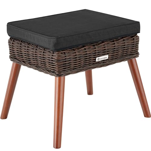 tectake Alu Poly Rattan Fußhocker mit Polster, 54,5 x 44,5 x 46,5 cm, Outdoor Fußauflage mit Alugestell, Sitzhocker mit waschbarem Bezug, Hocker für Garten Terrasse Balkon, inkl. Sitzkissen (Braun) von tectake