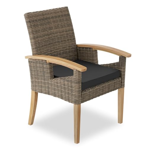 tectake® Alu Rattan Geflecht Stuhl mit Armlehne, Möbel wetterfest für Garten, Terrasse und Balkon, Outdoor Esszimmerstuhl, Sessel, Balkonmöbel, Gartenmöbel, Gartenstühle - Natur von tectake