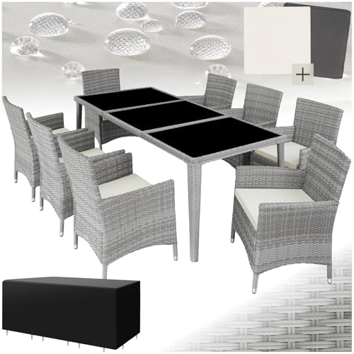 tectake Aluminium Poly Rattan Gartenmöbel Set 8 Stühle mit Tisch mit Glasplatten, inkl. 2 Bezugssets und Schutzhülle, wetterfeste Balkon Möbel - hellgrau von tectake