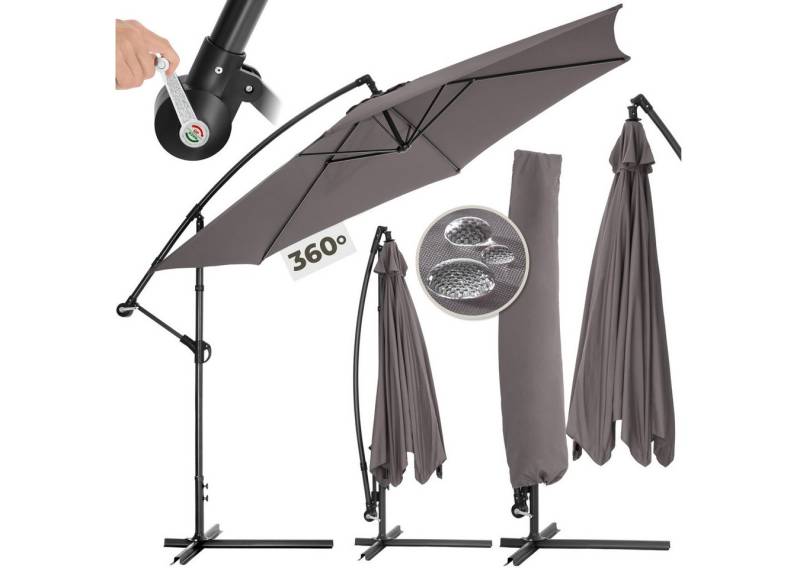 tectake Ampelschirm Sonnenschirm, Komplettset für Terrasse oder Garten, inkl. Schirmstände, Fuß und Schutzhülle, Ø 350 cm von tectake