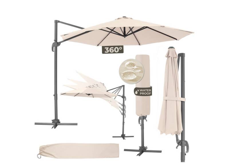 tectake Ampelschirm Sonnenschirm, Set mit Schutzhülle für Terrasse oder Garten, Parasol inkl. Schutzhülle in Schrimfarbe, Ø 300 cm von tectake