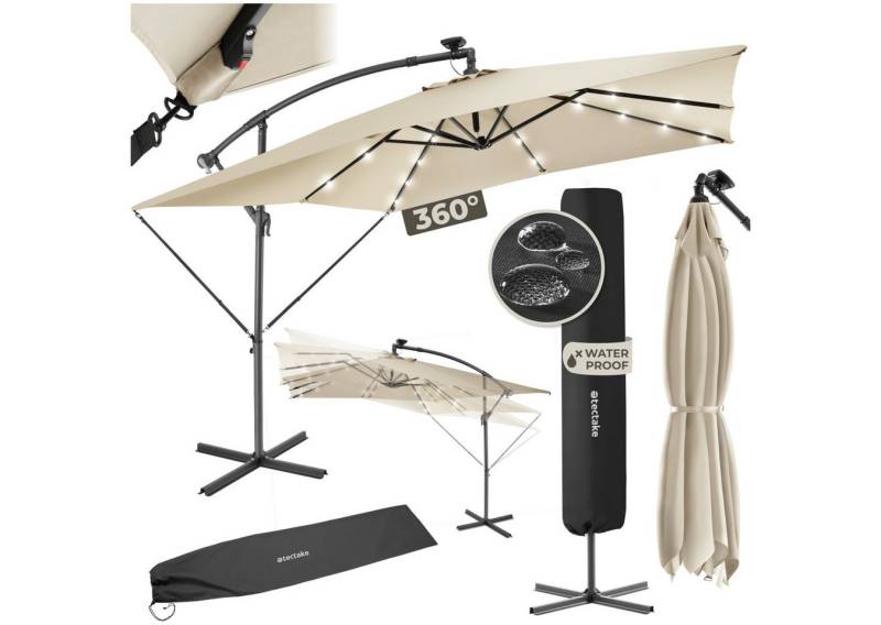 tectake Ampelschirm Sonnenschirm, geeignetes Set für Terrasse oder Garten, Parasol inkl. Schutzhülle und Solarpanel, 250 x 250 cm mit LED Solar-Beleuchtung von tectake