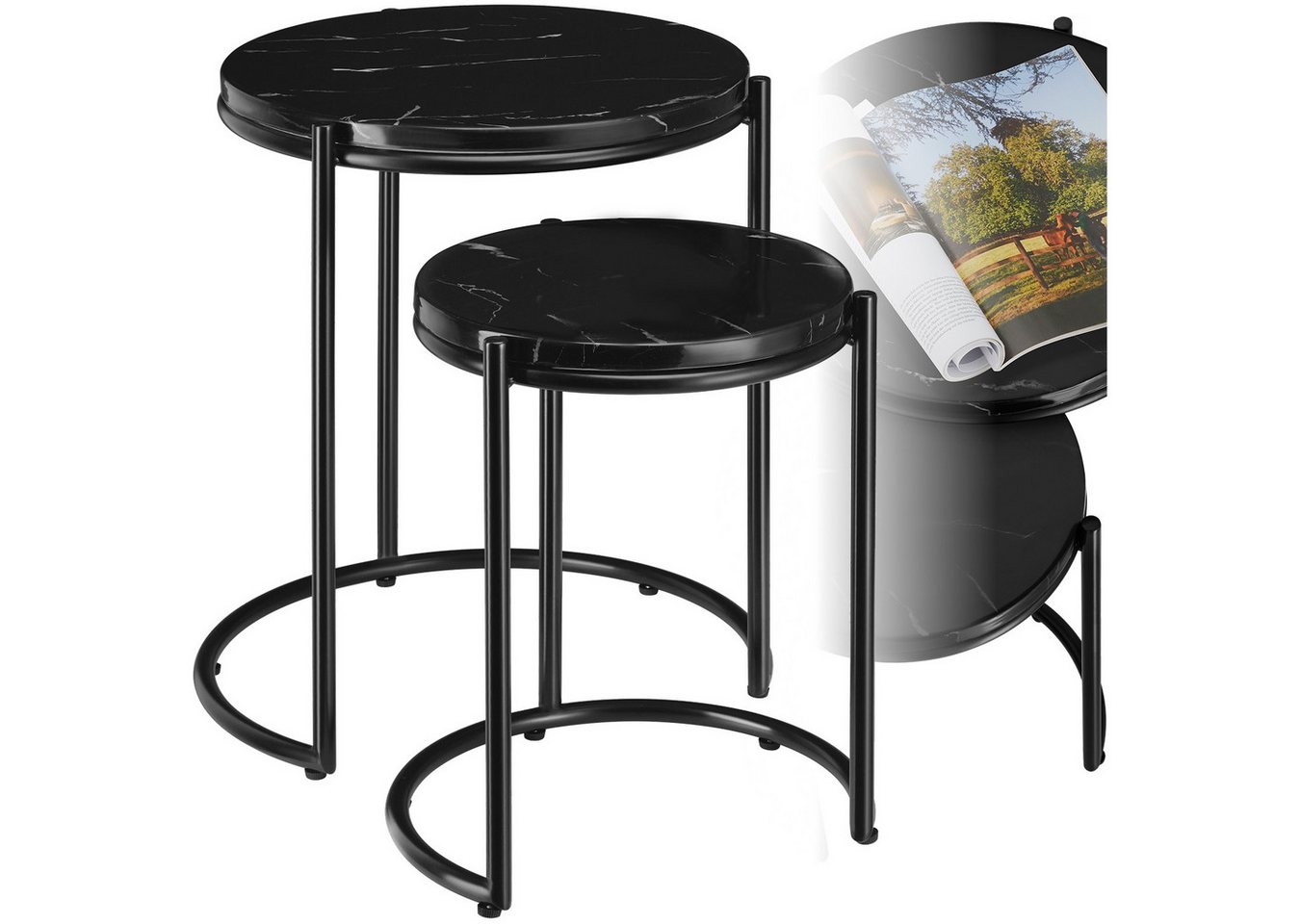 tectake Beistelltisch Couchtisch Ellsa, hochwertige Marmorplatten, solide Stahlgestelle (2-St., 2 tlg), Stilvoller Beistelltisch im 2er Set mit hochwertiger Marmorplatte von tectake