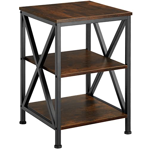 tectake Beistelltisch aus Holz und Metall, Nachttisch mit 3 Ebenen, X-förmige Streben, Industrie-Design, Vintage Couchtisch, schwarzes Metallgestell (Industrial Dunkelbraun) von tectake