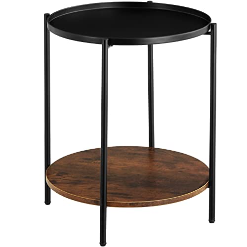tectake Beistelltisch rund aus Metall und Holz, Couchtisch mit 2 Ebenen, abnehmbares Tablett, für Wohnzimmer Schlafzimmer, schwarzes Metallgestell (Industrial Dunkelbraun) von tectake