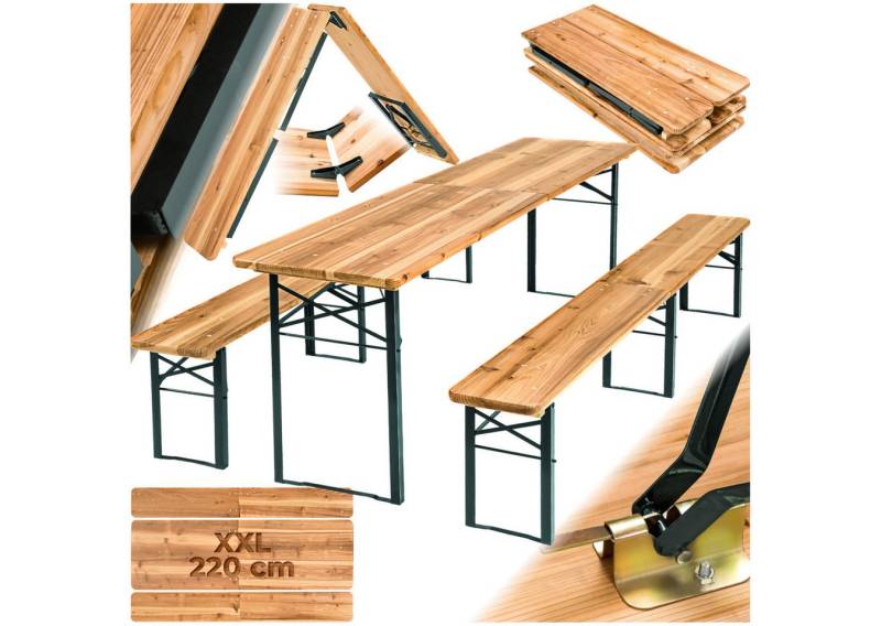 tectake Bierzeltgarnitur Festzeltgarnitur Ralf 3-tlg. klappbar, (Set., 3-tlg), Sitzbankoberfläche & Oberfläche der Tischplatte mit Klarlack lackiert von tectake