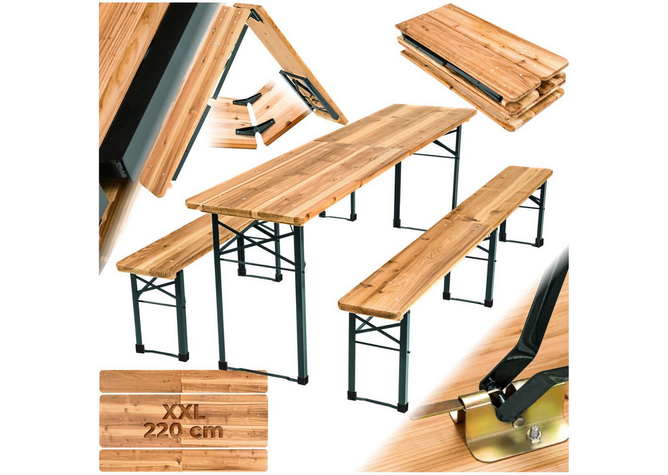 tectake Bierzeltgarnitur Festzeltgarnitur Ralf 3-tlg. klappbar, (Set., 3-tlg), Sitzbankoberfläche & Oberfläche der Tischplatte mit Klarlack lackiert von tectake