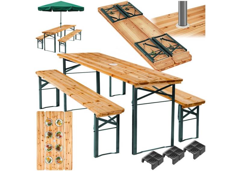 tectake Bierzeltgarnitur Festzeltgarnitur Ludwig 3-tlg. klappbar mit Schirmhalterung, (Set., 3-tlg), Komplett vormontiertes und äußerst belastbares Gartenmöbelset von tectake