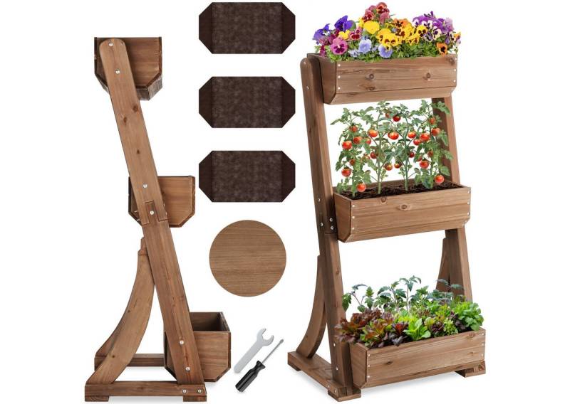 tectake Blumentopf Vertikalbeet Flora, lackiertes Holz, inkl. Pflanzvlies, wetterfest und standsicher von tectake