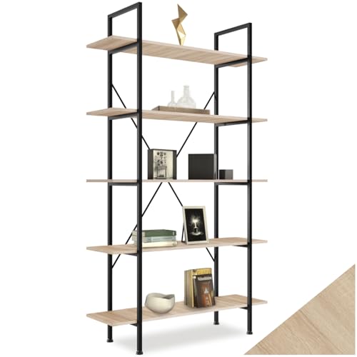 tectake Bücherregal mit 5 Ebenen, stabiles Standregal, Industrial Design, schwarzer Metallrahmen, Vintage Regal aus Holz, 106 x 34,5 x 179,5 cm (Industrial Holz hell, Eiche Sonoma) von tectake