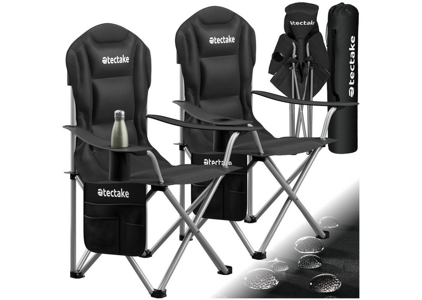 tectake Campingstuhl Gepolsterter Campingstuhl (Set., 2 St), Inklusive Getränkehalter, Seitentasche und Tragetasche von tectake
