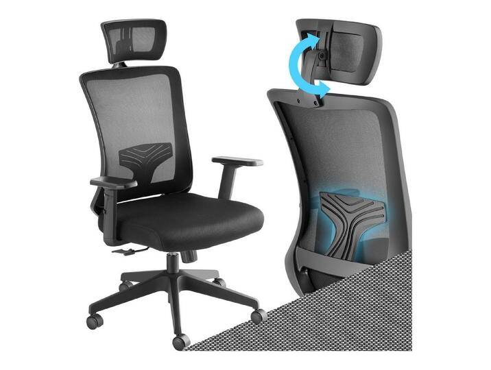 tectake Drehstuhl Bürostuhl (Set, 1 St), Hohe Rückenlehne, flexibel anpassbarer Kopflehne + Lordosenstütze, schwarz von tectake