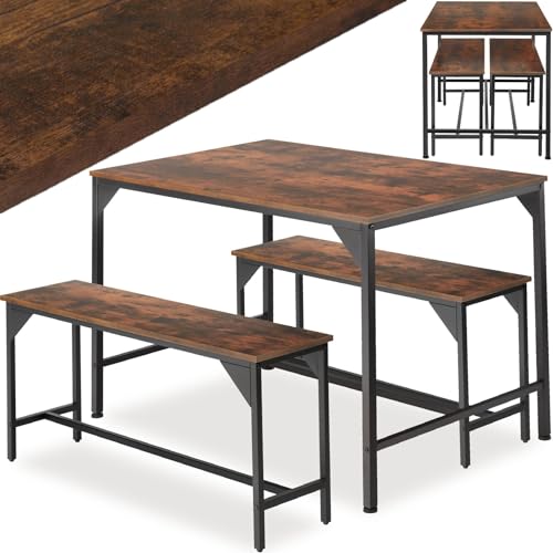 tectake Essgruppe, Esstisch 3-teilig, Sitzgruppe, Esszimmer Set mit Tisch und 2 Bänken, 110 x 70 x 75 cm, Industrial Design, ideal für Küche, Wohnzimmer, Esszimmer - Industrial Holz dunkel, rustikal von tectake