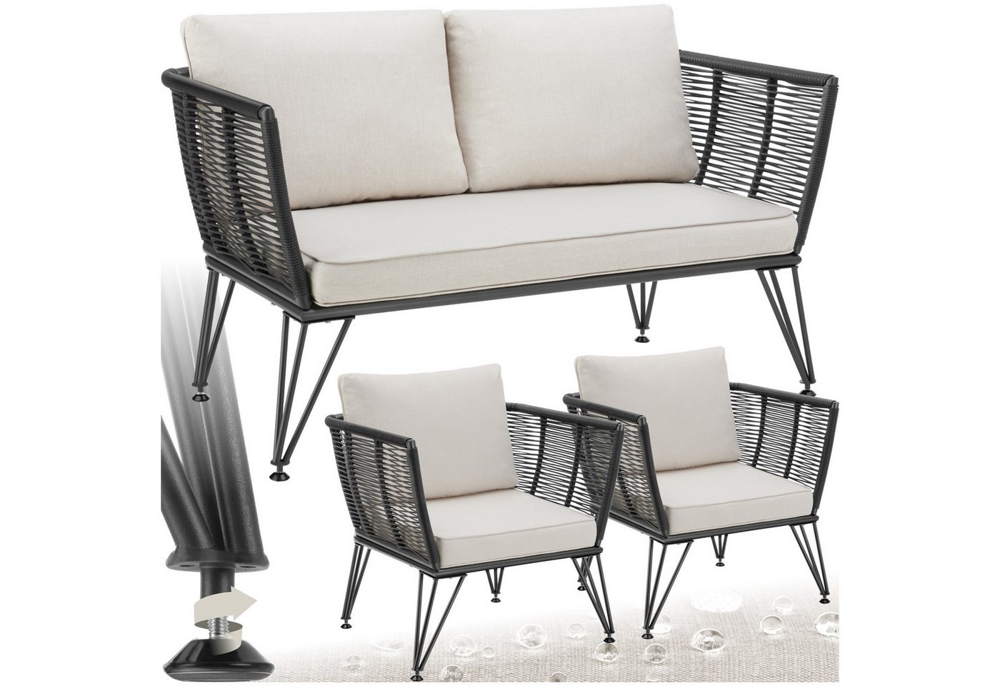 tectake Essgruppe Garten-Loungeset, (Set., 3-tlg), Wetterfestes und strapazierfähiges Polyrattan in Rundform von tectake