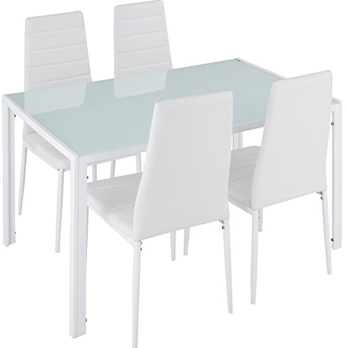 tectake Essgruppe Set Tisch und Stühle, Esstisch und 4X Stuhl, strapazierfähiges Kunstleder, Tischplatte aus Sicherheitsglas, Küchenstühle modern, Küche- weiß von tectake