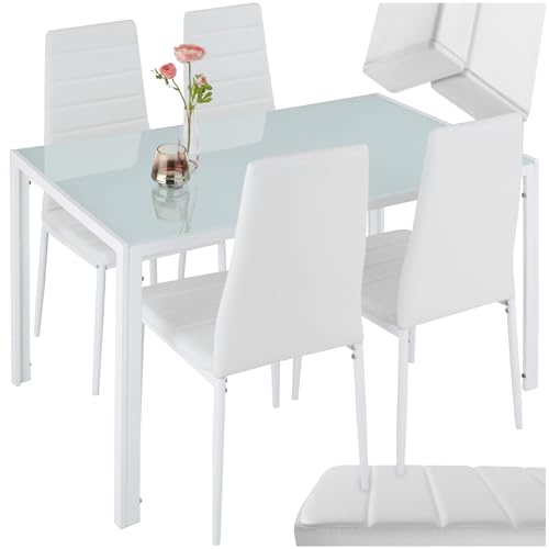 tectake Essgruppe Set Tisch und Stühle, Esstisch und 4X Stuhl, strapazierfähiges Kunstleder, Tischplatte aus Sicherheitsglas, Küchenstühle modern, Küche - weiß von tectake
