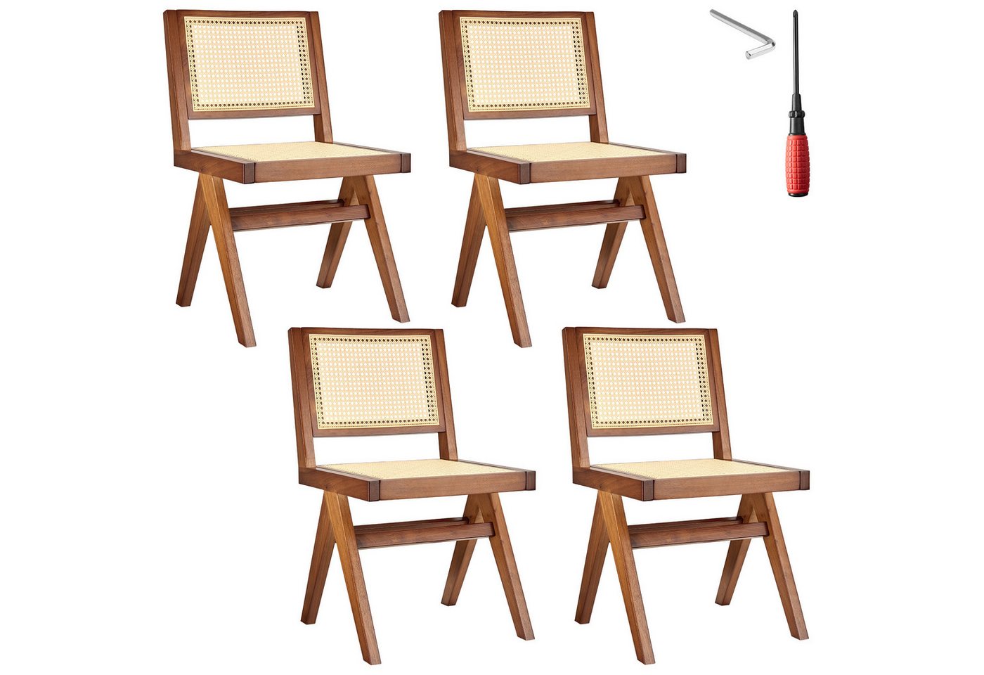 tectake Esszimmerstuhl Holzstuhl (Set., 4 St), Große Rückenlehne und Sitzfläche mit schickem Wiener Geflecht von tectake