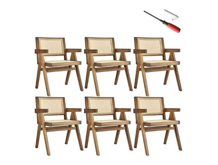 tectake Esszimmerstuhl Armlehnstuhl (Set., 6 St), Breite Rückenlehne und bequeme Sitzfläche mit schickem Wiener Geflecht, beige, 6 St., Eiche hell von tectake