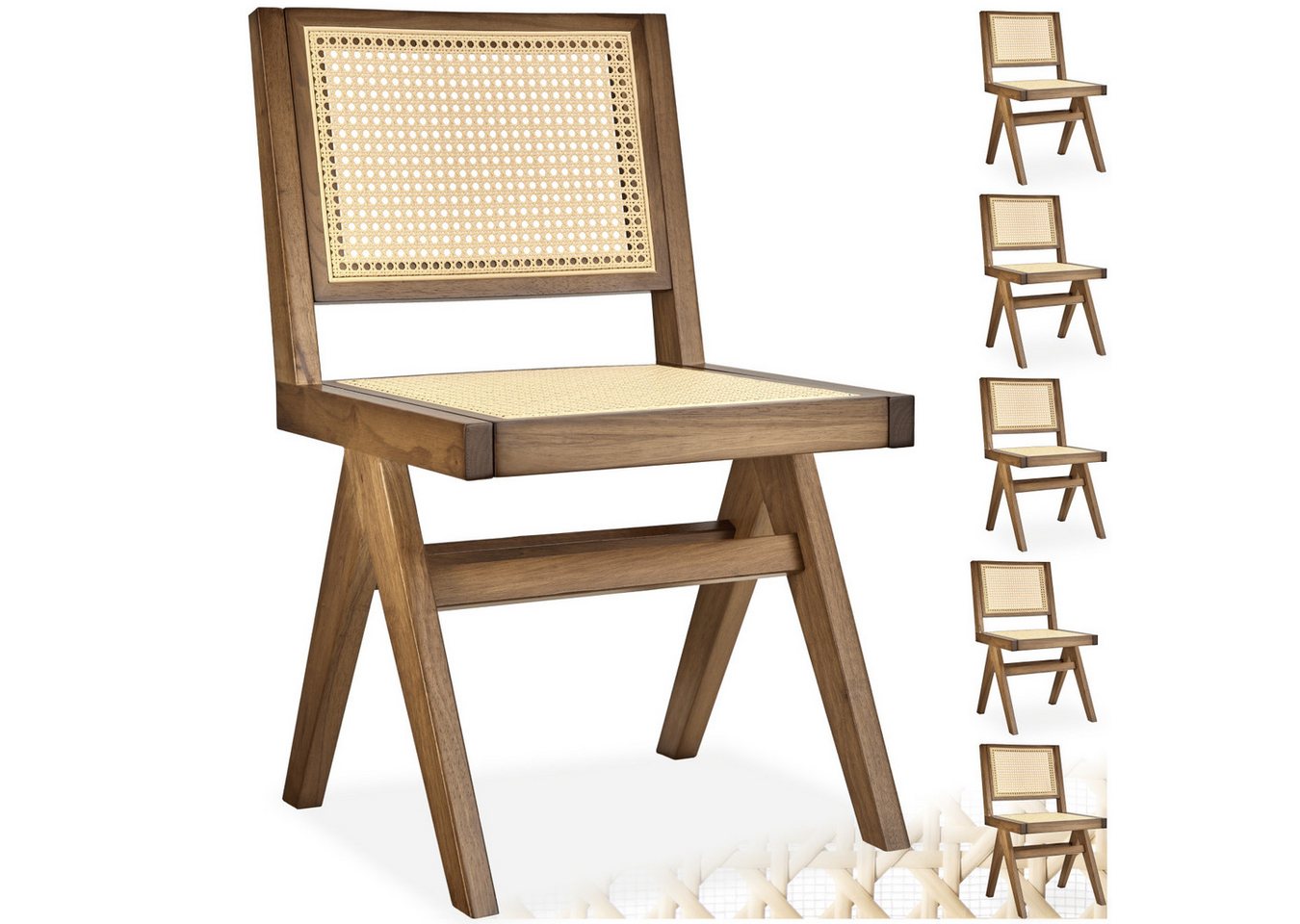 tectake Esszimmerstuhl Holzstuhl (Set., 6 St), Große Rückenlehne und Sitzfläche mit schickem Wiener Geflecht von tectake