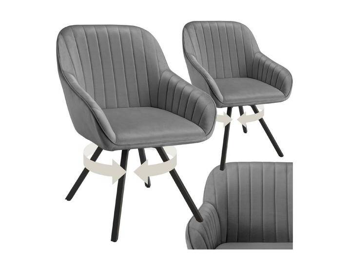 tectake Esszimmerstuhl Drehbarer Armlehnstuhl Snug Samtoptik, gepolstert (Set, 2 St), Große Sitzschale & durchgehende Lehne mit bequemer Polsterung, grau, pulverbeschichteter Stahl/Polyester von tectake