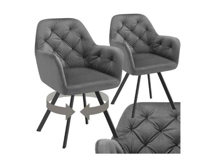 tectake Esszimmerstuhl Drehbarer Samt-Armlehnstuhl Lucia, gepolstert (Set, 2 St), Große Sitzschale und zusammenhängende Lehne für Rücken und Arme, grau von tectake