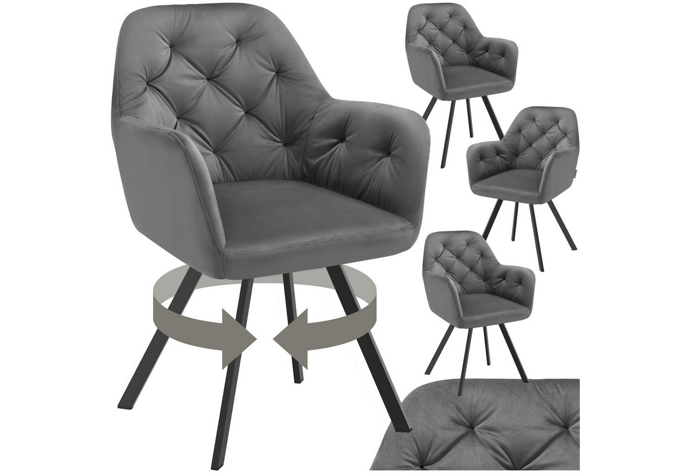 tectake Esszimmerstuhl Drehbarer Samt-Armlehnstuhl Lucia, gepolstert (Set., 4 St), Große Sitzschale und zusammenhängende Lehne für Rücken und Arme von tectake