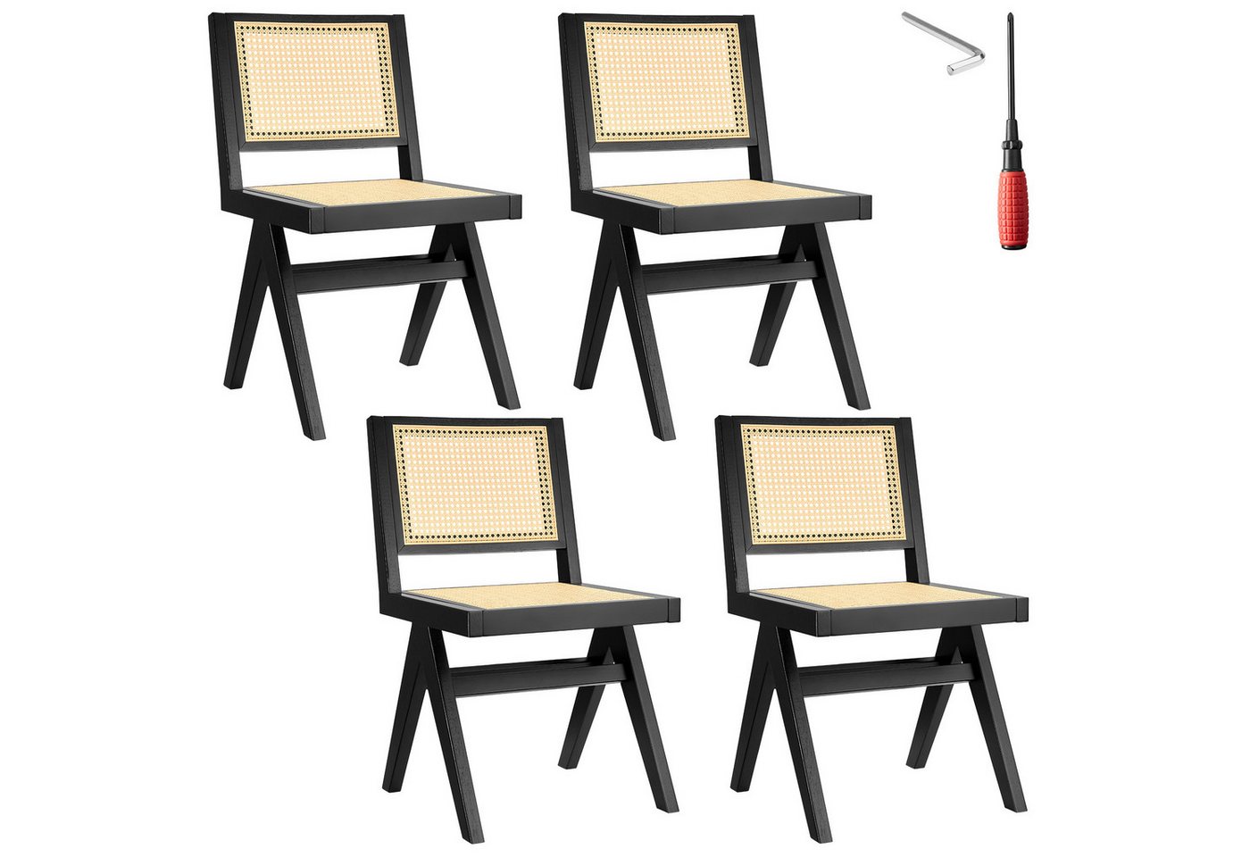 tectake Esszimmerstuhl Holzstuhl (Set., 4 St), Große Rückenlehne und Sitzfläche mit schickem Wiener Geflecht von tectake