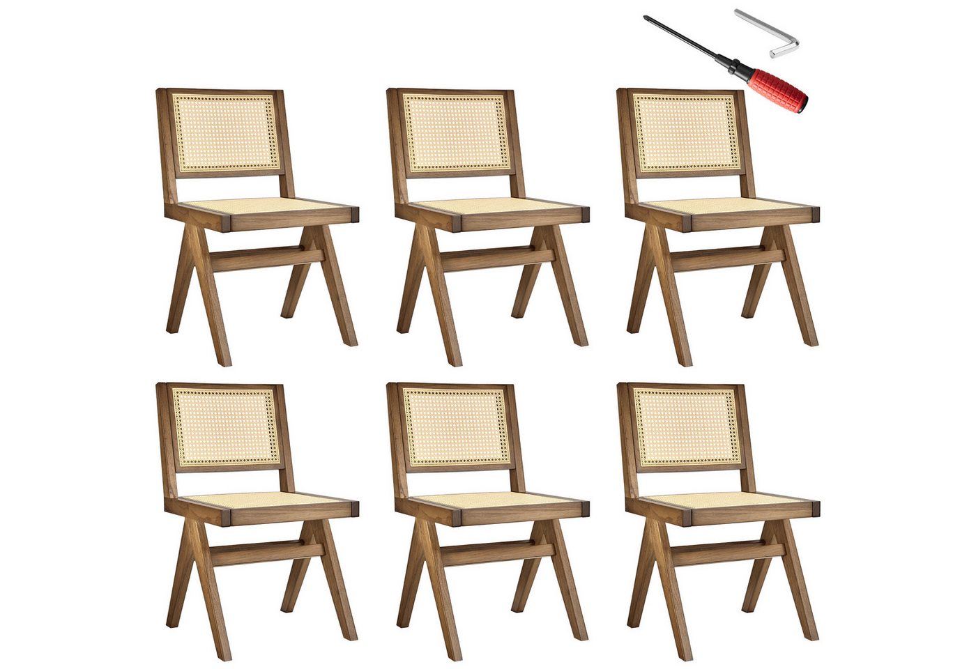 tectake Esszimmerstuhl Holzstuhl (Set., 6 St), Große Rückenlehne und Sitzfläche mit schickem Wiener Geflecht von tectake