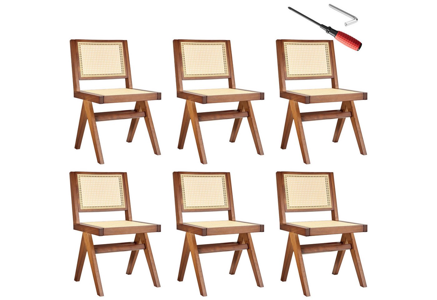 tectake Esszimmerstuhl Holzstuhl (Set., 6 St), Große Rückenlehne und Sitzfläche mit schickem Wiener Geflecht von tectake