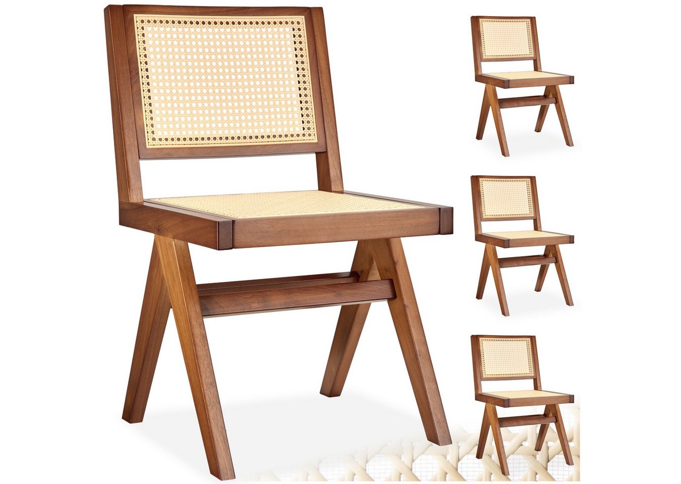 tectake Esszimmerstuhl Holzstuhl Lissy mit Wiener Geflecht im Boho-Stil (Set, 4 St), Große Rückenlehne und Sitzfläche ohne Armlehnen von tectake