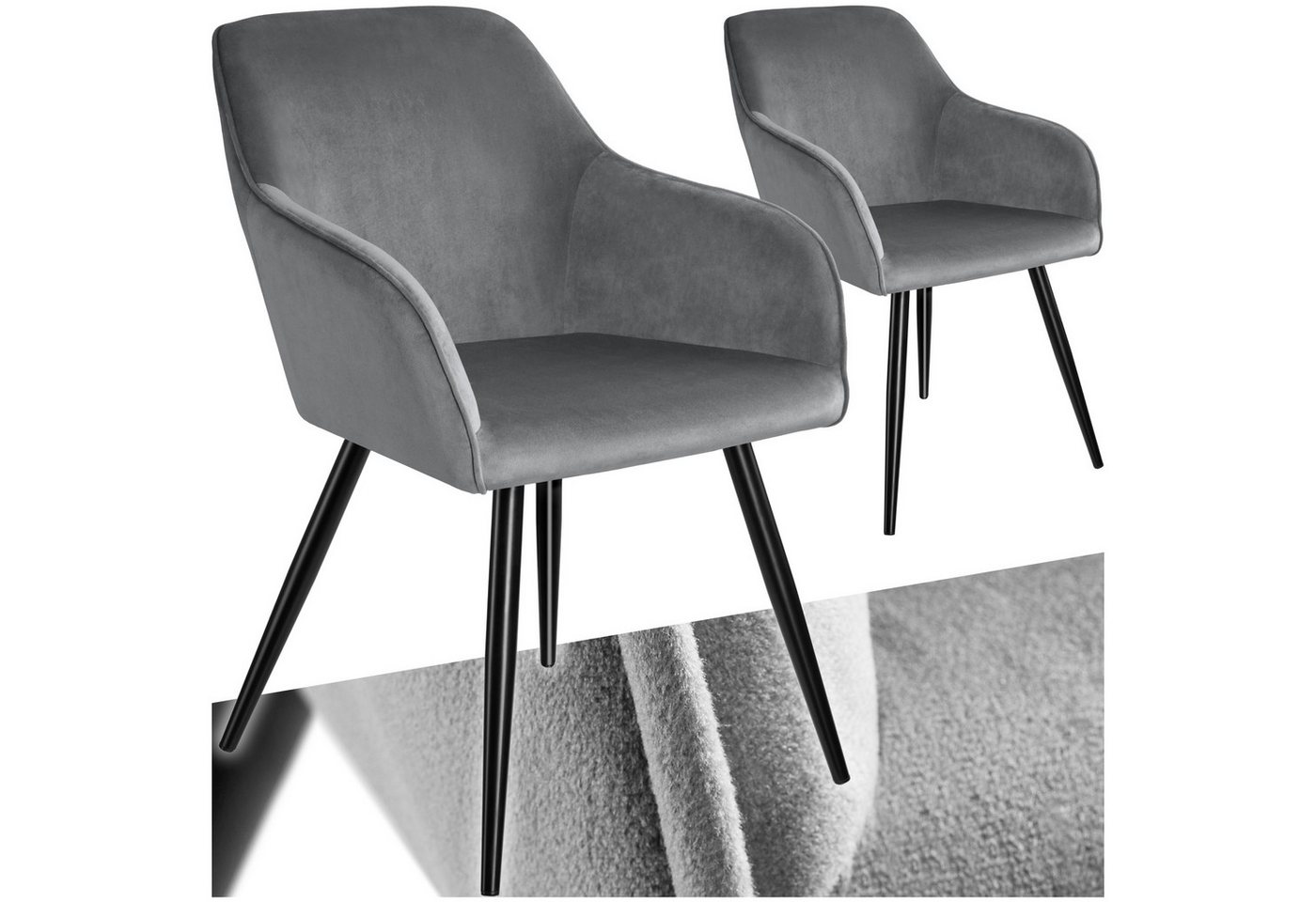 tectake Esszimmerstuhl Küchenstuhl Marilyn Samtoptik, schwarze Stuhlbeine (2er Set, 2 St), gepolstert, in Samtoptik von tectake